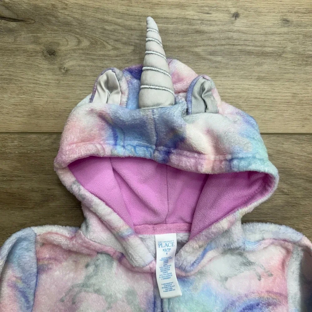 The Children's Place Kids Pink Unicorn Rainbow Plush Hooded Sleeper Size 4 XS/TP